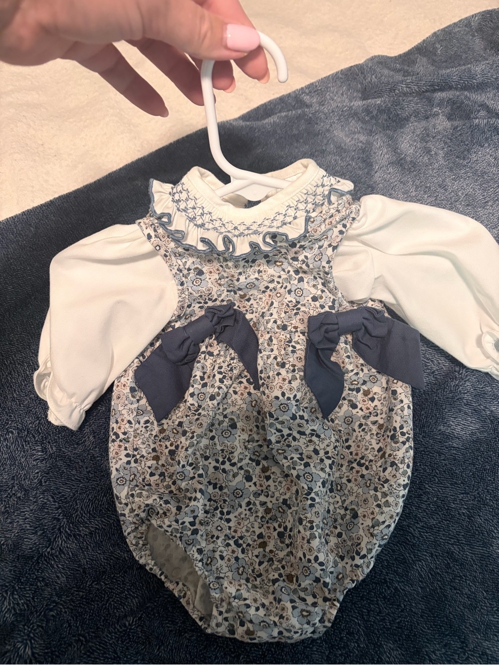 Edgehill Collection White & Navy Floral Ruffle Bodysuit
